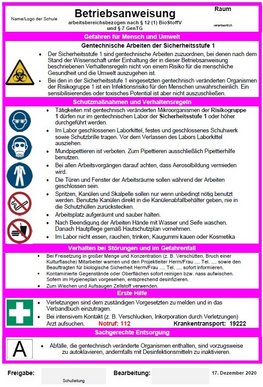 Die Grafik zeigt eine Betriebsanweisung für Biostoffe im Zusammenhang mit Gentechnik