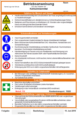 Betriebsanweisung für Gefahrstoffe - Kühlschmiermittel