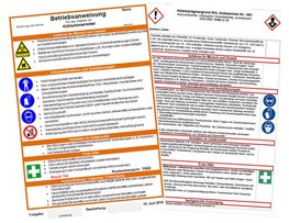 Die Grafik zeigt Betriebsanweisungen für Gefahrstoffe in verschiedenen Formaten