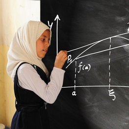 Ein Mädchen schreibt an einer Tafel eine mathematische Funktion und zeichnet eine Kurve mit verschiedenen Punkten und Tangentenlinien ein.